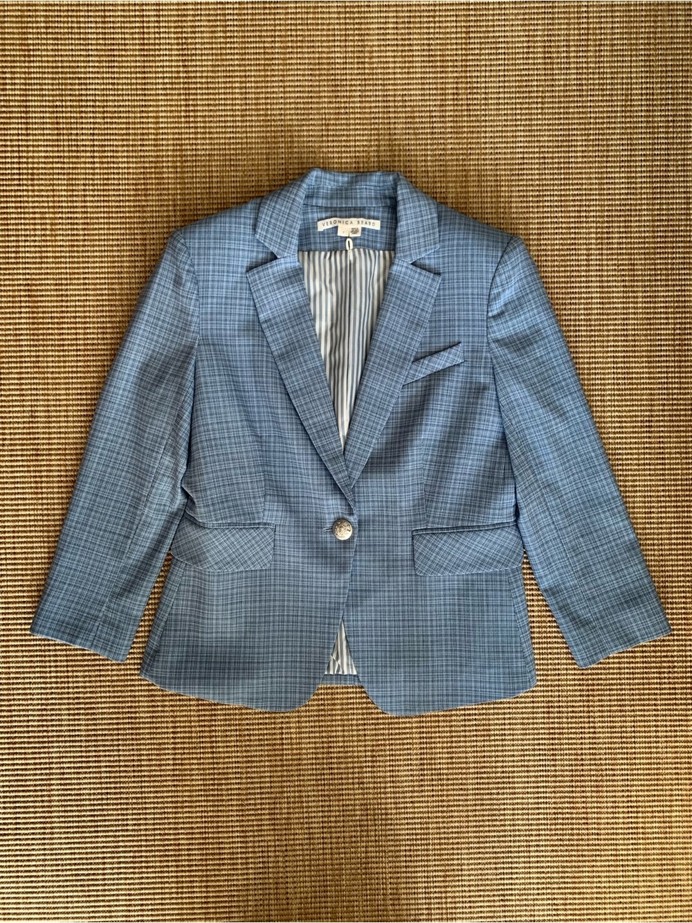 Veronica Beard Schoolboy Dickey Jacket Cropped 3/4 Sleeve Suit Blazer Blue Plaid